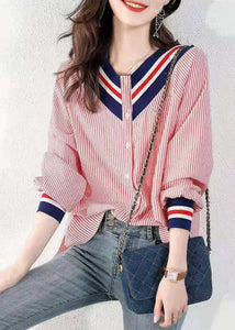 Handmade Pink V Neck Striped Cotton Blouses Spring