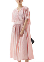 Load image into Gallery viewer, Handmade Pink V Neck Wrinkled Patchwork Cotton Dress Summer