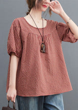 Load image into Gallery viewer, Handmade Red Plaid O Neck Patchwork Cotton T Shirt Top Short Sleeve