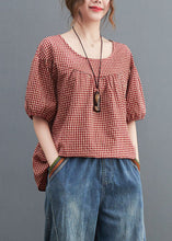 Load image into Gallery viewer, Handmade Red Plaid O Neck Patchwork Cotton T Shirt Top Short Sleeve