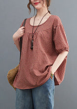 Load image into Gallery viewer, Handmade Red Plaid O Neck Patchwork Cotton T Shirt Top Short Sleeve