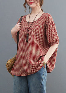 Handmade Red Plaid O Neck Patchwork Cotton T Shirt Top Short Sleeve