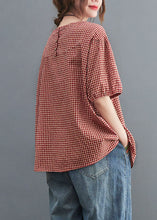 Load image into Gallery viewer, Handmade Red Plaid O Neck Patchwork Cotton T Shirt Top Short Sleeve