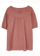 Load image into Gallery viewer, Handmade Red Plaid O Neck Patchwork Cotton T Shirt Top Short Sleeve