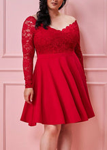 Load image into Gallery viewer, Handmade Red V Neck Lace Patchwork Knit Mid Dress Fall