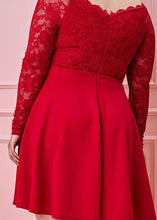 Load image into Gallery viewer, Handmade Red V Neck Lace Patchwork Knit Mid Dress Fall