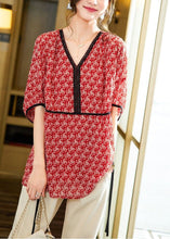 Load image into Gallery viewer, Handmade Red V Neck Lace Patchwork Print Chiffon Shirt Summer