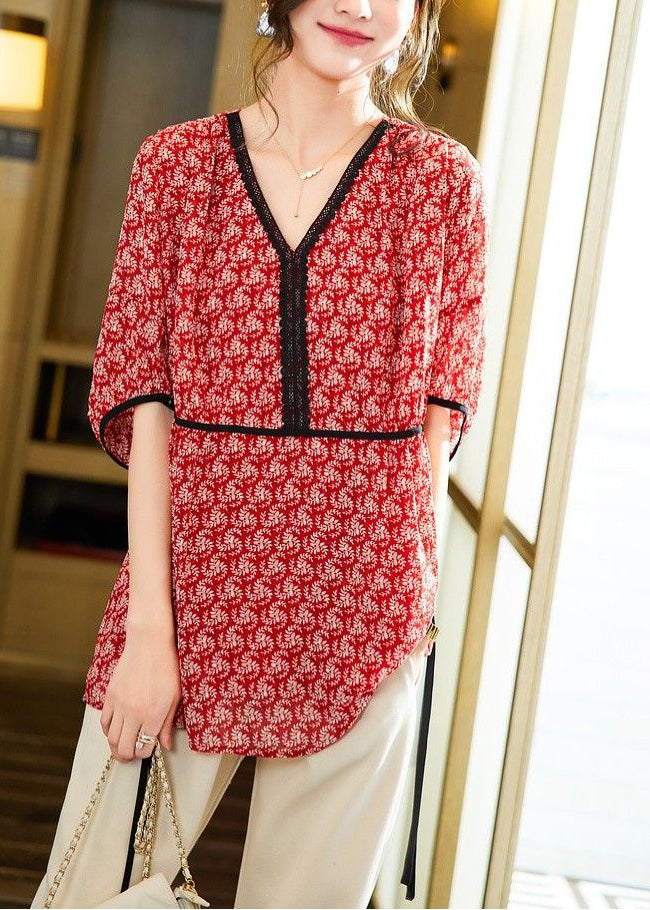 Handmade Red V Neck Lace Patchwork Print Chiffon Shirt Summer