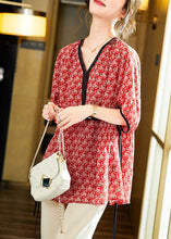 Load image into Gallery viewer, Handmade Red V Neck Lace Patchwork Print Chiffon Shirt Summer