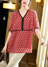 Load image into Gallery viewer, Handmade Red V Neck Lace Patchwork Print Chiffon Shirt Summer