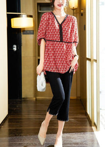 Handmade Red V Neck Lace Patchwork Print Chiffon Shirt Summer