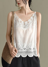 Load image into Gallery viewer, Handmade Solid White Lace Patchwork Cotton Spaghetti Strap Tops Summer