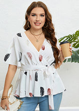 Load image into Gallery viewer, Handmade White V Neck Print Tie Waist Chiffon Shirts Summer