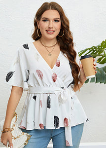 Handmade White V Neck Print Tie Waist Chiffon Shirts Summer