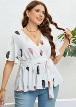 Load image into Gallery viewer, Handmade White V Neck Print Tie Waist Chiffon Shirts Summer