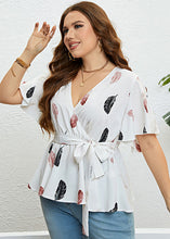 Load image into Gallery viewer, Handmade White V Neck Print Tie Waist Chiffon Shirts Summer