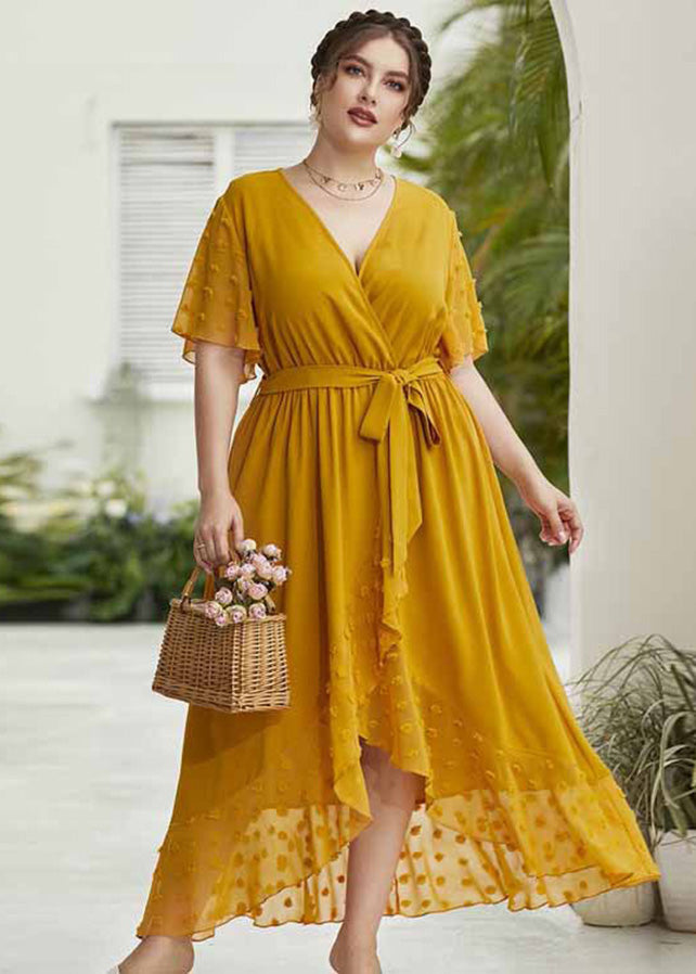 Handmade Yellow Dot Patchwork Low High Design Cozy Chiffon Long Dress Summer