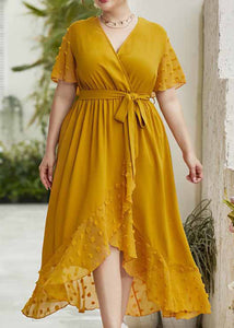 Handmade Yellow Dot Patchwork Low High Design Cozy Chiffon Long Dress Summer