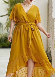 Handmade Yellow Dot Patchwork Low High Design Cozy Chiffon Long Dress Summer