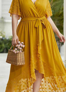 Handmade Yellow Dot Patchwork Low High Design Cozy Chiffon Long Dress Summer