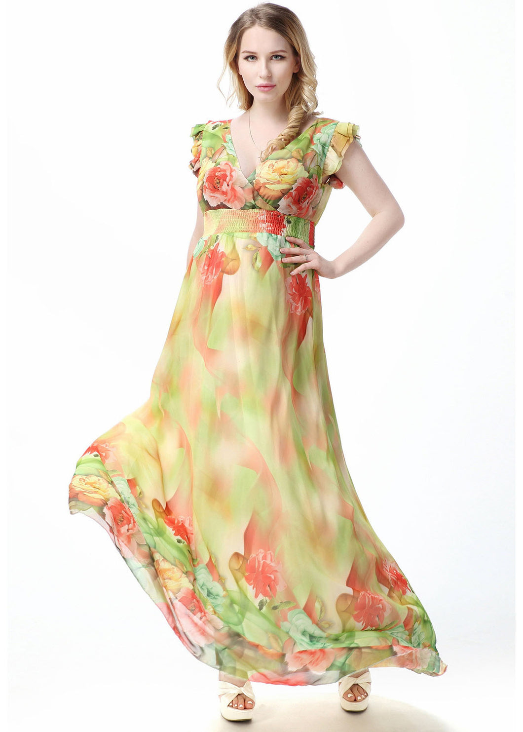 Handmade Yellow V Neck Print Elastic Waist Chiffon Long Dress Short Sleeve