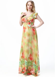 Handmade Yellow V Neck Print Elastic Waist Chiffon Long Dress Short Sleeve