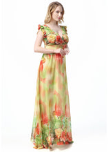 Load image into Gallery viewer, Handmade Yellow V Neck Print Elastic Waist Chiffon Long Dress Short Sleeve