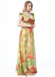 Handmade Yellow V Neck Print Elastic Waist Chiffon Long Dress Short Sleeve