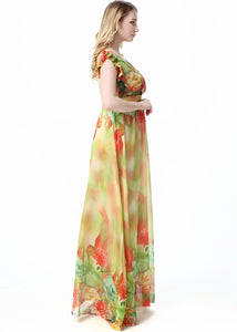 Handmade Yellow V Neck Print Elastic Waist Chiffon Long Dress Short Sleeve