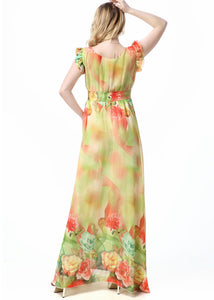 Handmade Yellow V Neck Print Elastic Waist Chiffon Long Dress Short Sleeve