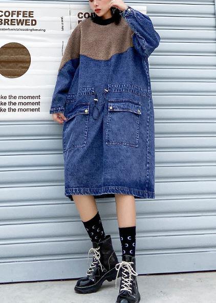 Handmade denim blue cotton quilting dresses drawstring long patchwork Dresses