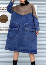 Load image into Gallery viewer, Handmade denim blue cotton quilting dresses drawstring long patchwork Dresses