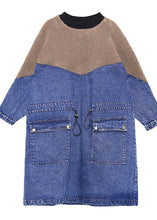 Load image into Gallery viewer, Handmade denim blue cotton quilting dresses drawstring long patchwork Dresses