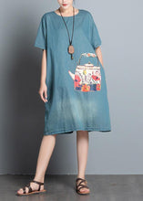 Load image into Gallery viewer, Handmade denim blue print Cotton quilting dresses o neck Art summer Dresses