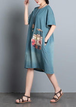 Load image into Gallery viewer, Handmade denim blue print Cotton quilting dresses o neck Art summer Dresses