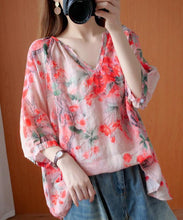 Load image into Gallery viewer, Handmade v neck summer Shirts Wardrobes red print blouses