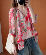 Load image into Gallery viewer, Handmade v neck summer Shirts Wardrobes red print blouses