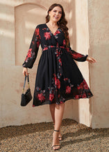 Load image into Gallery viewer, Ialian Black V Neck Floral Tie Waist Patchwork Chiffon Mid Dresses Fall