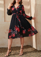 Load image into Gallery viewer, Ialian Black V Neck Floral Tie Waist Patchwork Chiffon Mid Dresses Fall