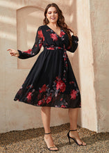 Load image into Gallery viewer, Ialian Black V Neck Floral Tie Waist Patchwork Chiffon Mid Dresses Fall