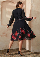 Load image into Gallery viewer, Ialian Black V Neck Floral Tie Waist Patchwork Chiffon Mid Dresses Fall