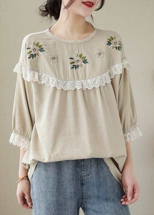 Italian Beige Embroideried Lace Patchwork Cotton T Shirt Tops Summer