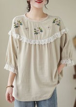 Load image into Gallery viewer, Italian Beige Embroideried Lace Patchwork Cotton T Shirt Tops Summer