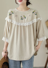 Load image into Gallery viewer, Italian Beige Embroideried Lace Patchwork Cotton T Shirt Tops Summer