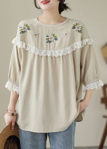 Italian Beige Embroideried Lace Patchwork Cotton T Shirt Tops Summer