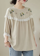 Load image into Gallery viewer, Italian Beige Embroideried Lace Patchwork Cotton T Shirt Tops Summer