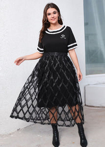 Italian Black O-Neck Cotton Top And Tulle Skirts Two Piece Set Outfits Summer