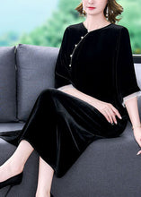 Load image into Gallery viewer, Italian Black Oversized Patchwork Silk Velour Long Dress Half Sleeve