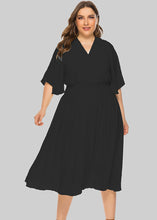 Load image into Gallery viewer, Italian Black V Neck Elastic Waist Holiday Long Dress Short Sleeve