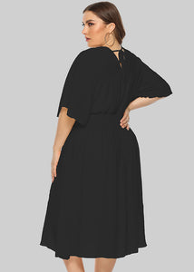 Italian Black V Neck Elastic Waist Holiday Long Dress Short Sleeve